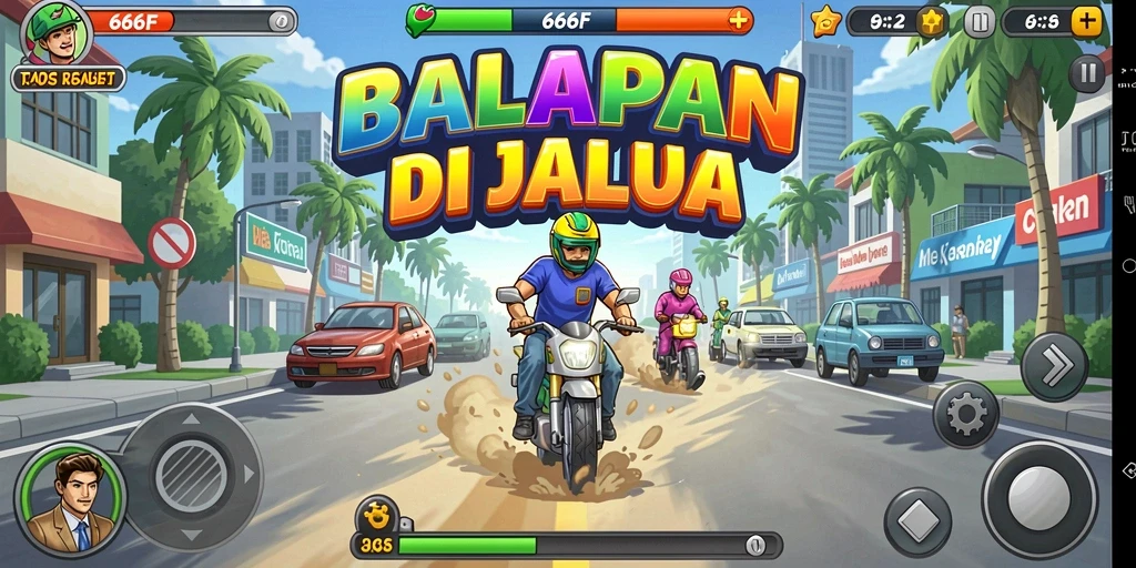 Tangkapan layar gameplay 666F dengan aksi balap mendebarkan.