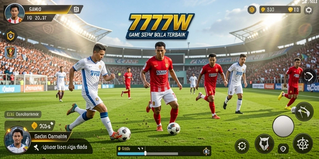 Screenshot utama 7777W menampilkan aksi mendebarkan dalam pertandingan sepak bola.