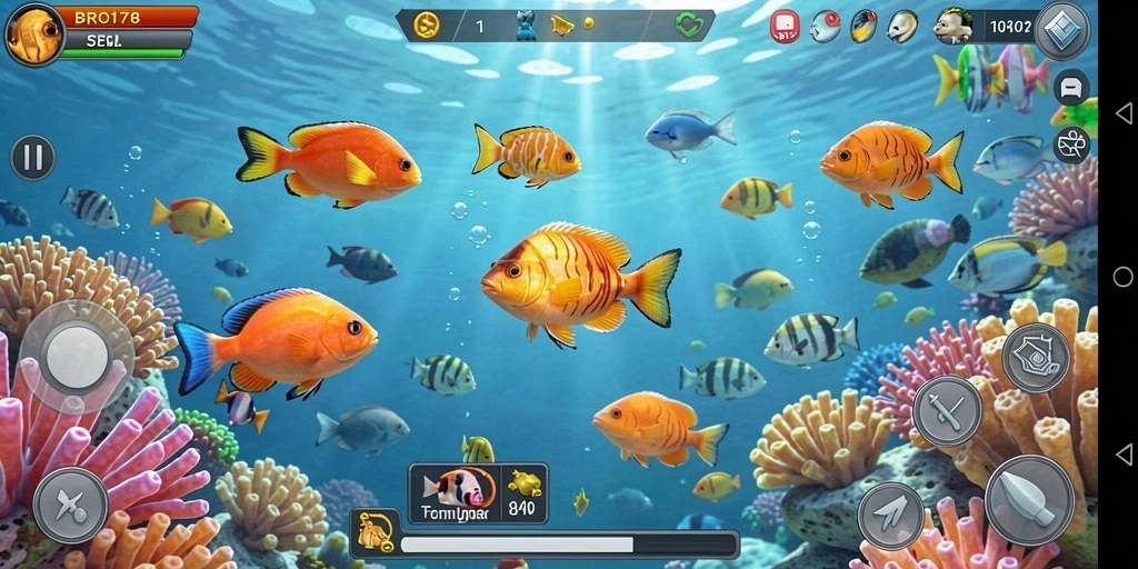 Screenshot menampilkan aksi menembak ikan yang seru.