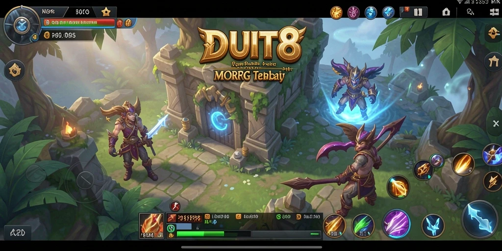 Screenshot utama DUIT8 menampilkan karakter dalam pertempuran epik di dunia fantasi.