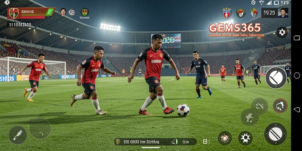 Screenshot gameplay GEMS365 menunjukkan aksi sepak bola yang mendebarkan.