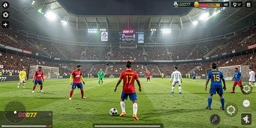 Screenshot gameplay GOD77 dengan aksi seru di lapangan sepak bola.