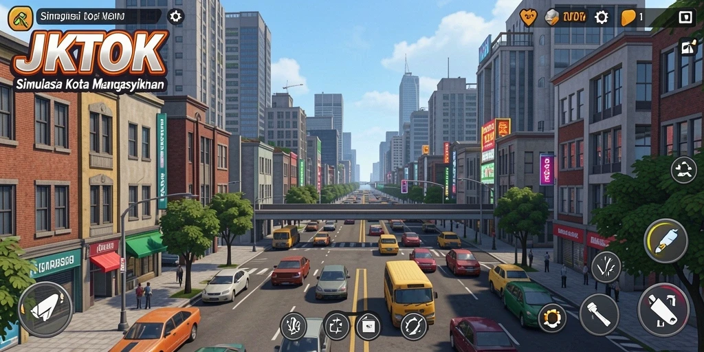 Tangkapan layar JKTOK menampilkan gameplay membangun kota yang interaktif.