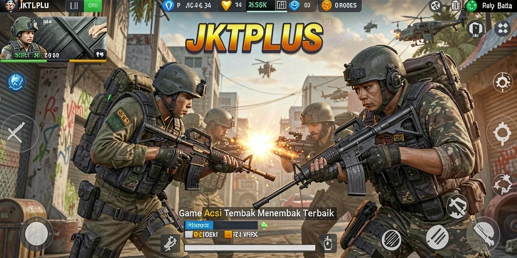 Screenshot JKTPLUS menampilkan aksi tembak-menembak yang menegangkan.
