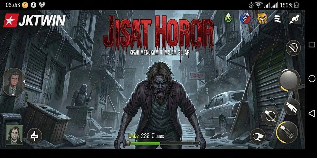 Screenshot menampilkan gameplay JKTWIN dengan suasana horor yang menegangkan.