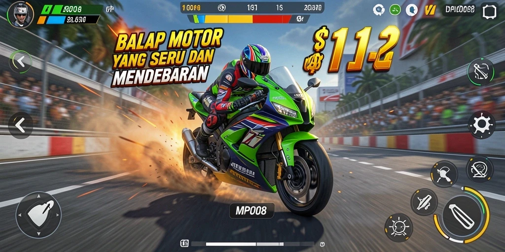Screenshot dari MPO08 menunjukkan adrenalin tinggi saat balapan motor.