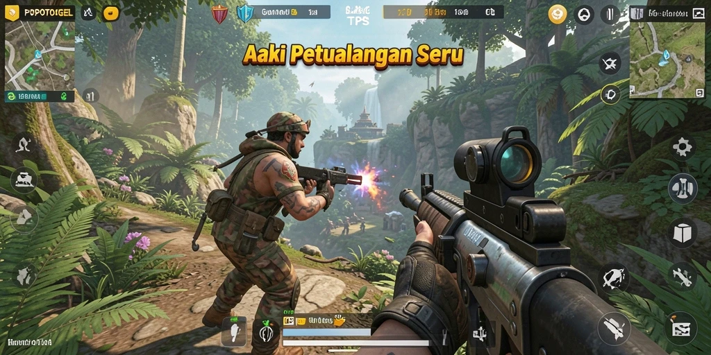 Screenshot gameplay <strong>POPOTOGEL</strong> menampilkan aksi seru dalam pertempuran TPS.