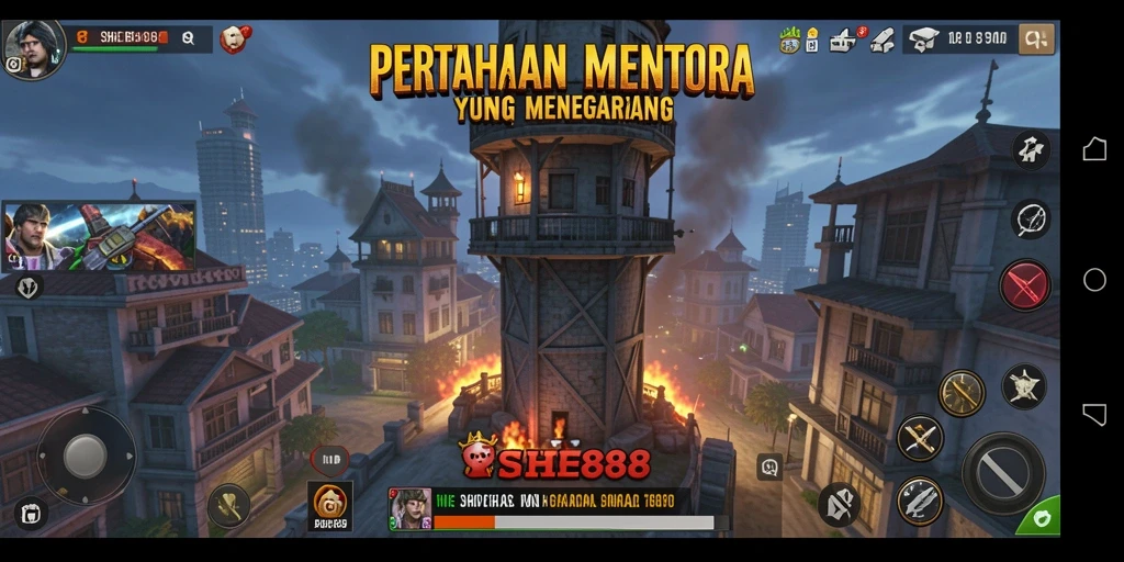 Tampilan gameplay seru dalam <strong>SHE888</strong> dengan pertahanan menara yang strategis.