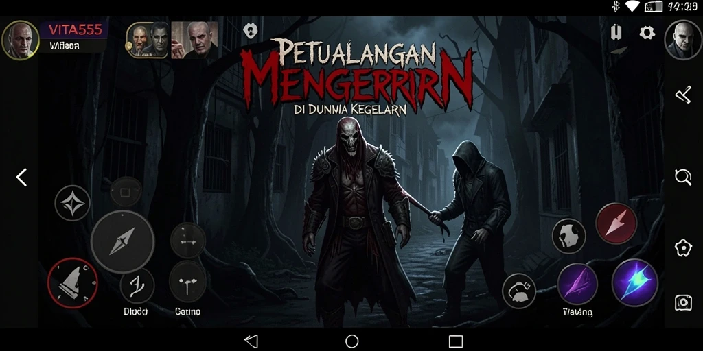 Screenshot gameplay VITA555 menampilkan suasana mencekam di lingkungan gelap.